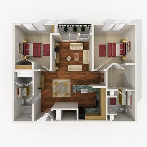 Floor plan for 2 beds, 2 baths, 885 sqft
